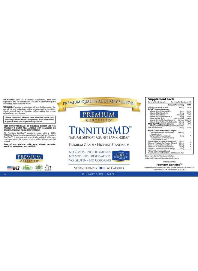 Premium Certified - Tinnitus Supplement Support Microcirculation Ease Earringing Inner Ear Health All Natural Lemon Bioflavonoid Complex 60 Capsules Nongmo No Hormones Gluten Free - Image 1