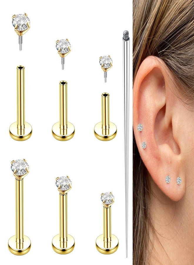 Gnbaoya 16G 18G 20G Flat Back Stud Earrings 316L Surgical Steel Internal Thread CZ Nose Ring Stud Tragus Helix Cartilage Conch Nose Hypoallergenic Lip Monroe Labret Medusa Piercing Jewelry for Women (gold, 18G(3/4/5mm CZ)) - Image 1