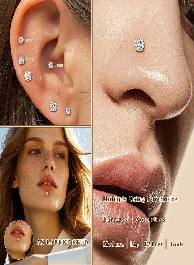 Gnbaoya 16G 18G 20G Flat Back Stud Earrings 316L Surgical Steel Internal Thread CZ Nose Ring Stud Tragus Helix Cartilage Conch Nose Hypoallergenic Lip Monroe Labret Medusa Piercing Jewelry for Women (gold, 18G(3/4/5mm CZ)) - Image 4