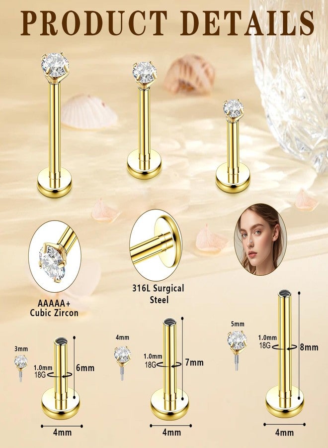 Gnbaoya 16G 18G 20G Flat Back Stud Earrings 316L Surgical Steel Internal Thread CZ Nose Ring Stud Tragus Helix Cartilage Conch Nose Hypoallergenic Lip Monroe Labret Medusa Piercing Jewelry for Women (gold, 18G(3/4/5mm CZ)) - Image 3