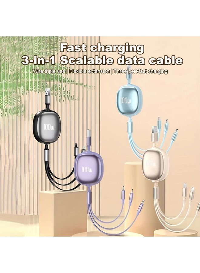 كابل شحن USB ثلاثي في واحد قابل للسحب بلون أرجواني، شحن سريع بقوة 100 واط، متوافق مع USB C و Micro USB لأجهزة iPhone 14/13/12/11 X وHuawei، مزامنة بيانات بسرعة 480 ميجابت في الثانية، متعدد الأجهزة، مسطح خالٍ من التشابك، متين مع موصل معزز، أساسيات السفر. - Image 4