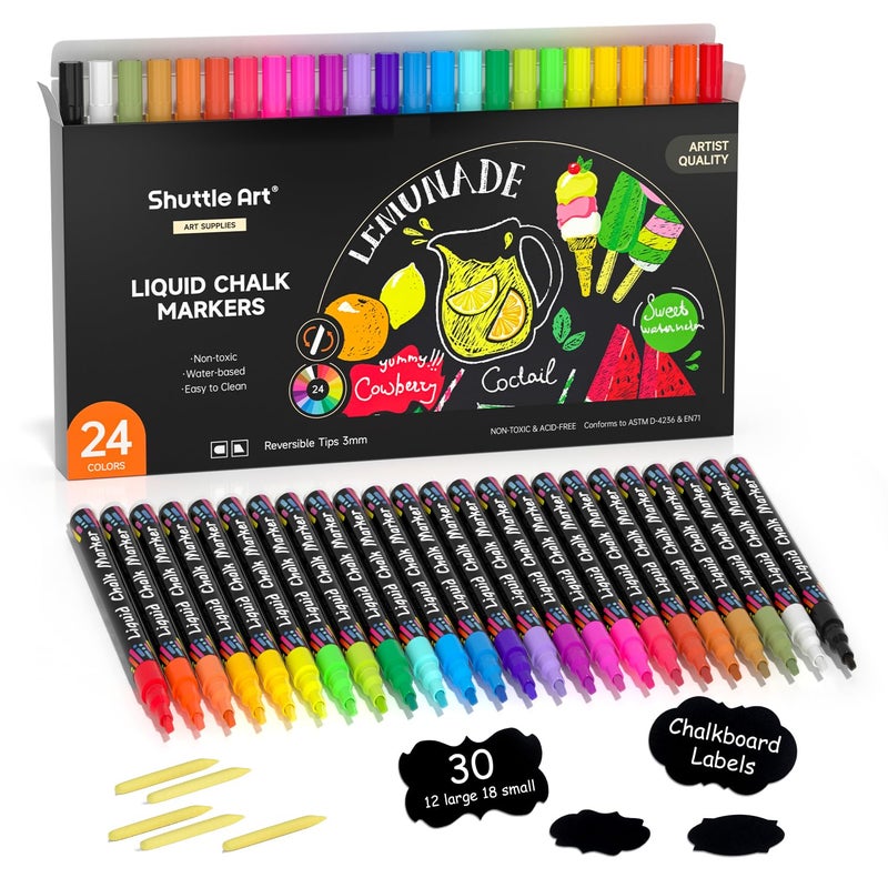 Shuttle Art Liquid Chalk Pens, 24 Colours Wipeable Chalk Markers for Crafting, Reversible 3mm Chisel & Fine Tip Chalk, Perfect on blackboard, Window, Glass, Wood, Office Home Supplies - Image 1