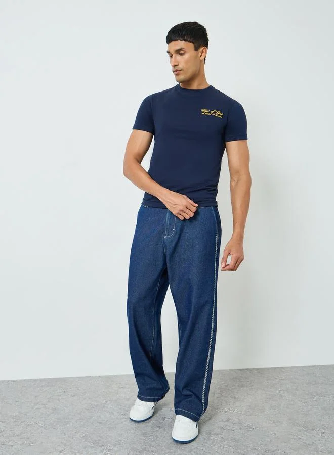 Styli Men Navy Blue Embroidered T-Shirt