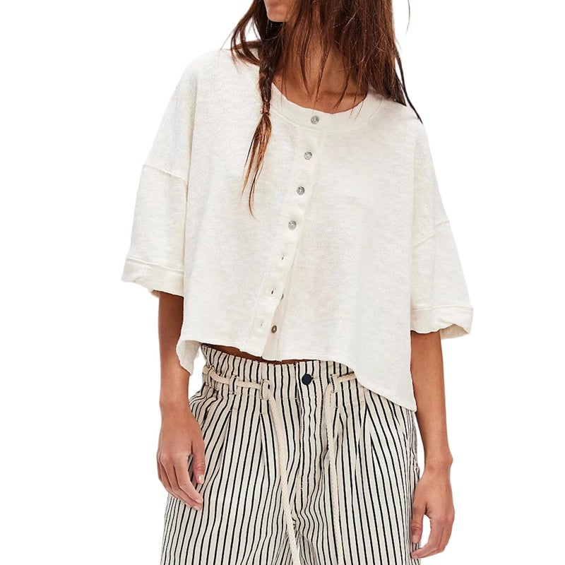 Foidiccx Womens Free Loose Fit Open Front Button Down People FP Dupes Tee Drop Shoulder 3/4 Half Wide Short Sleeve Sweatshirt Y2k Teen Girls Cute Going Out T Shirts Streetwear Sweater Cardigan Crop Tops - Image 1
