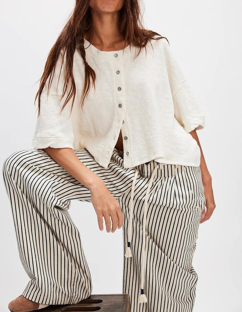 Foidiccx Womens Free Loose Fit Open Front Button Down People FP Dupes Tee Drop Shoulder 3/4 Half Wide Short Sleeve Sweatshirt Y2k Teen Girls Cute Going Out T Shirts Streetwear Sweater Cardigan Crop Tops - Image 2