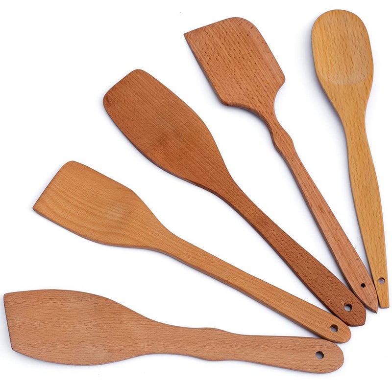ECOSALL Nonstick Wooden Spoons For Cooking  5 European Premium Spoons Set  100 Healthy and Natural Wooden Spatula  Long Handled Strong Durable Solid Wood Cooking Utensils for Everyday Cooking