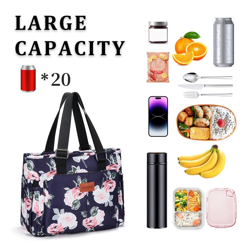 HSHRICH Lunch Bag Lunch Box Women - Large Tote Lunch Bags Men Women: Leakproof Insulated Lunch Cooler Bag for Adults, Peony 14L - Image 3