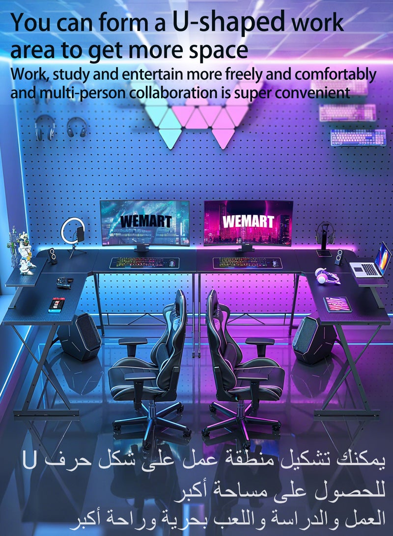 ويمارت طاولة قيمنق مكتب كمبيوتر طاولة على شكل حرف L،مكتب زاوية مع حامل شاشة،طاولة مكتب مناسب للمنزل والمكتب والسكن الجامعي،أسود - Image 2