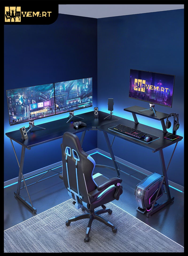 ويمارت طاولة قيمنق مكتب كمبيوتر طاولة على شكل حرف L،مكتب زاوية مع حامل شاشة،طاولة مكتب مناسب للمنزل والمكتب والسكن الجامعي،أسود - Image 1