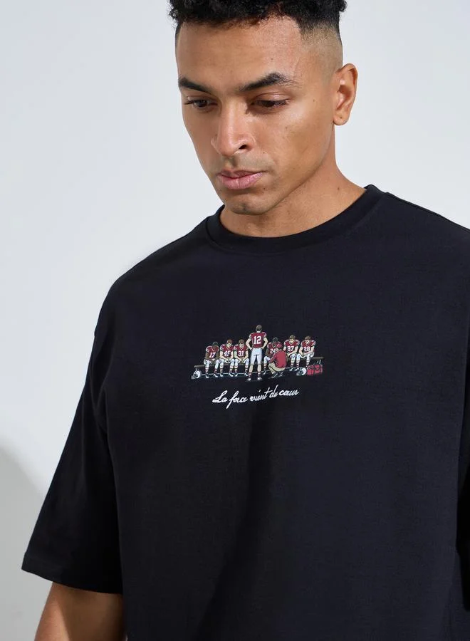 Black Chest Embroidered Crew Neck Oversized T-Shirt