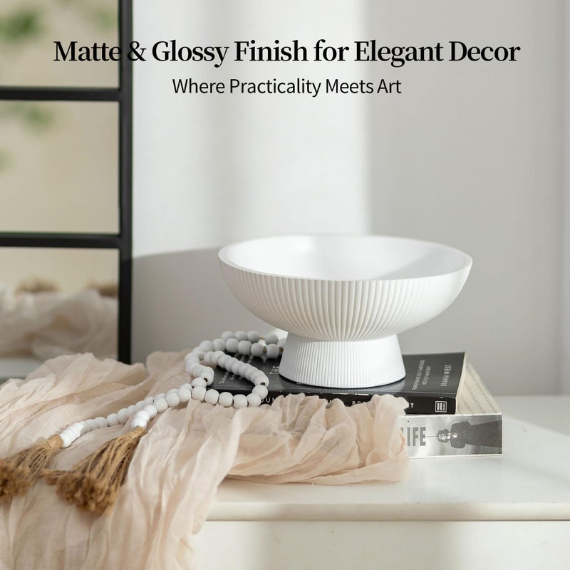 Hanobe Decorative Bowl Entryway Table: 8â€œ Coffee Table Decor for White Fluted Dough Pedestal Bowls - Modern Farmhouse Decor Bowl for Pottery Barn - Footed Key Holder for Home Kitchen Counter - Image 3