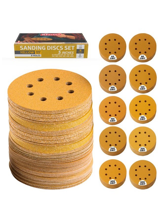 XFasten Sanding Discs Set - 5-Inch 8-Hole Sandpaper 10 Grades 100Pack - Yellow - Image 1