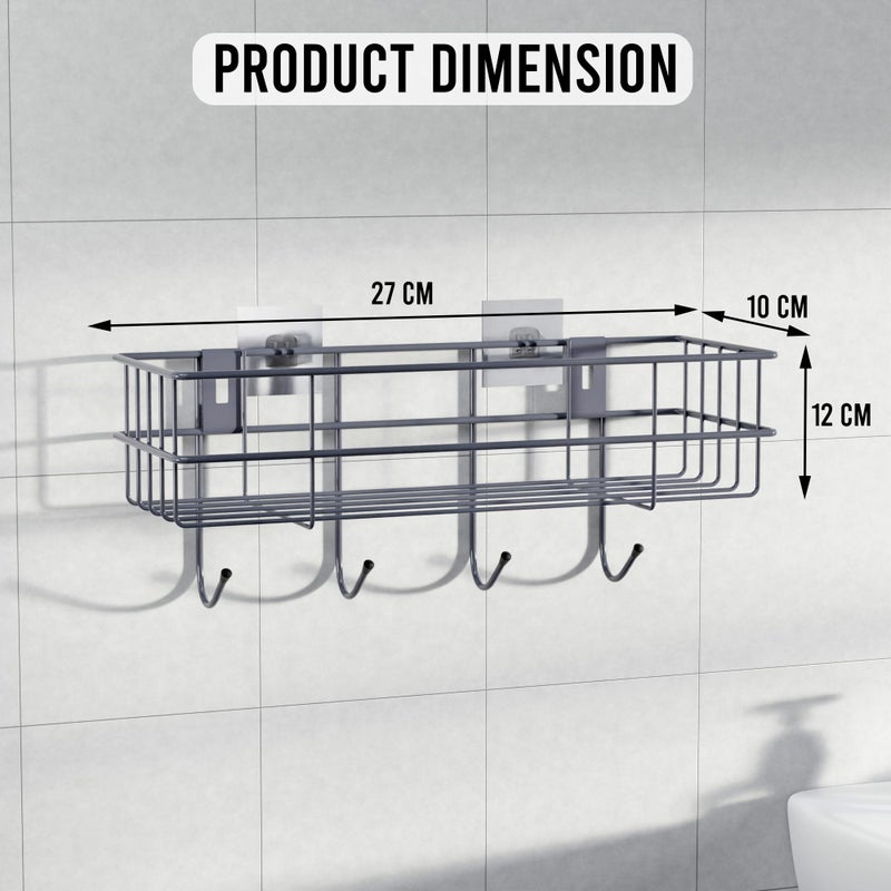 Kuber Industries 2 Pcs Metal Self Adhesive Bathroom Organiser with Drill Screws & 4 Hooks | Bathroom Stand/Rack for Shampoo | Bath Accessories Holder for Wall Adhesive | Grey - Image 3