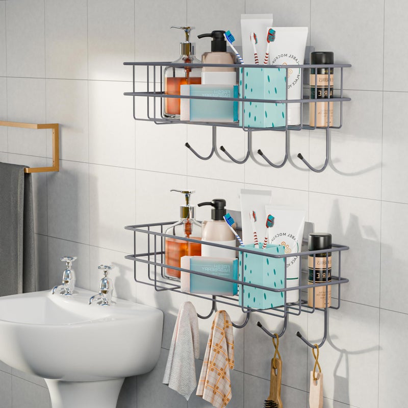 Kuber Industries 2 Pcs Metal Self Adhesive Bathroom Organiser with Drill Screws & 4 Hooks | Bathroom Stand/Rack for Shampoo | Bath Accessories Holder for Wall Adhesive | Grey - Image 1