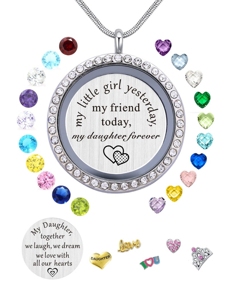 Beffy Best Gifts for Daughter from Mom Dad, Living Memory Floating Locket Pendant Necklace with Charms & Birthstones for Mother Mama Mammy Daddy - Image 1