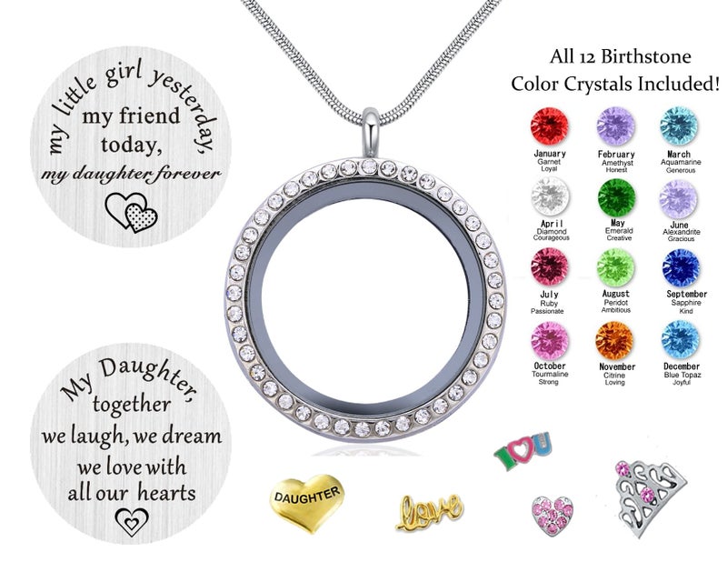 Beffy Best Gifts for Daughter from Mom Dad, Living Memory Floating Locket Pendant Necklace with Charms & Birthstones for Mother Mama Mammy Daddy - Image 3