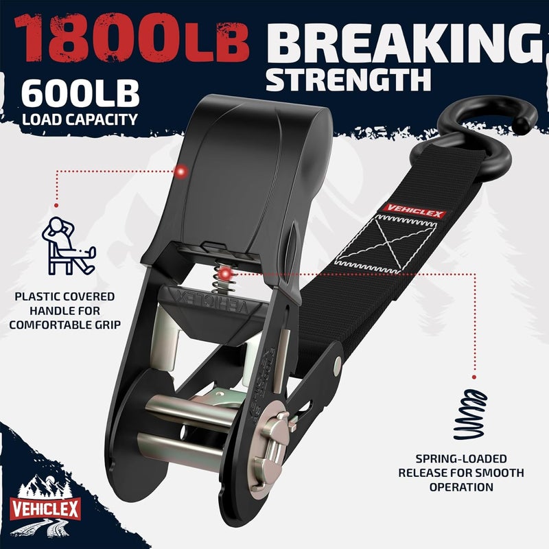 Vehiclex أحزمة ربط سيارة Vehiclex - قوة كسر 1,800 رطل، 15 قدم، 4 عبوات، أسود - Image 2