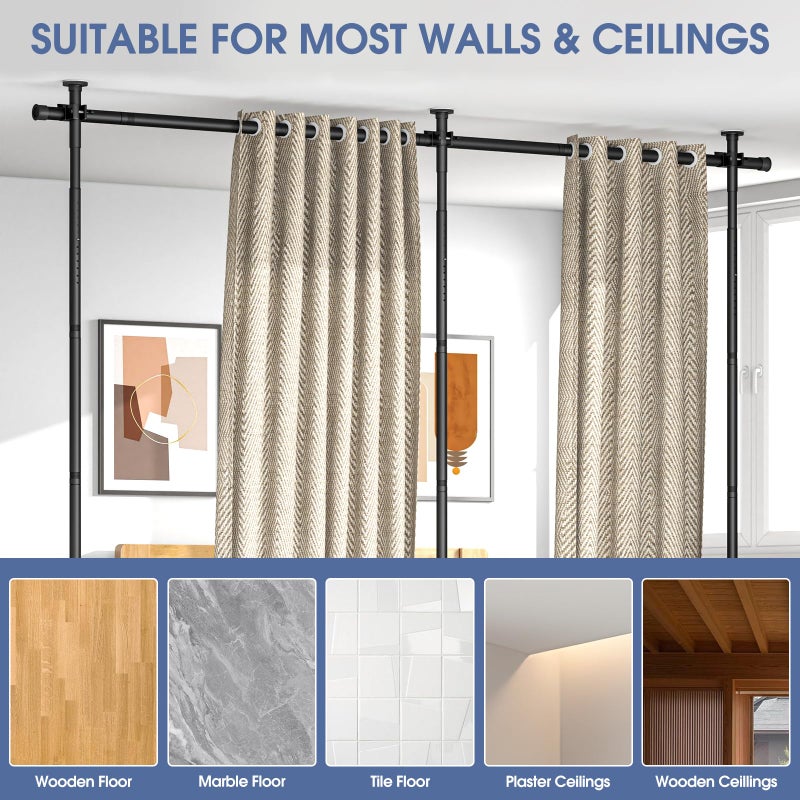 AKTOP Room Divider, No Drilling Curtain Tension Rods Wall Divider for Room Separation, 4-10ft(H) 30-147"(W) Adjustable, Heavy Duty Floor to Ceiling Space Separator Privacy Dividers for Rooms, Black - Image 5
