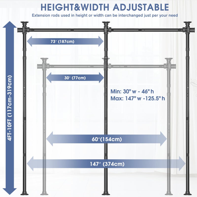 AKTOP Room Divider, No Drilling Curtain Tension Rods Wall Divider for Room Separation, 4-10ft(H) 30-147"(W) Adjustable, Heavy Duty Floor to Ceiling Space Separator Privacy Dividers for Rooms, Black - Image 2