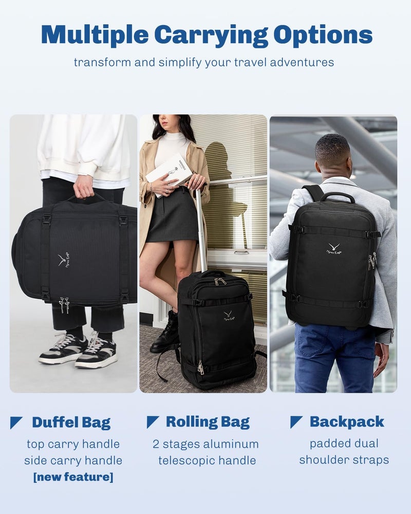 Hynes Eagle Rolling Backpack 42L Backpack with Wheels Airline Approved Carry on Luggage Laptop Travel Suitcase Bag for Women Men Jet Black - Image 2