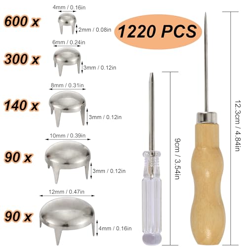 YORANYO 1220 Pcs Assorted Sizes Studs for Clothing Leather Rivets Round Dome Studs and Spikes Prong Studs Kit for Leather Craft Clothing Belts Bags Shoes Bracelets Dog Collar Accessories (Silver) - Image 2