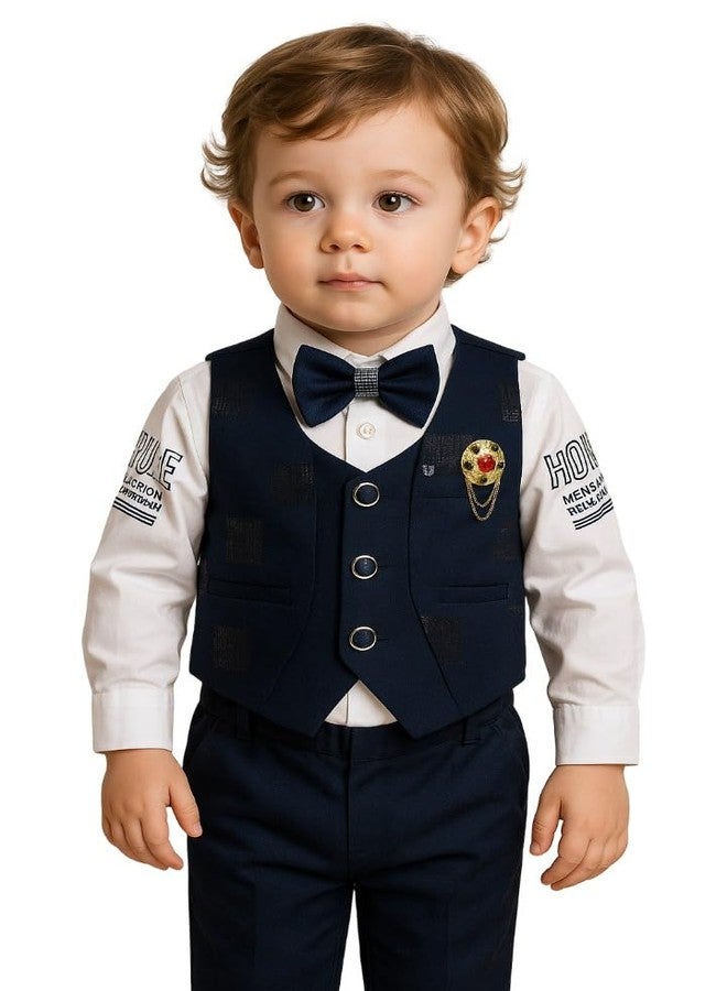 Nuwishtek Baby Boy Formal 3-Piece Suit – Waistcoat, Pants & Bow Tie Outfit (Dark Blue, 2 to 3 Years) - Image 1
