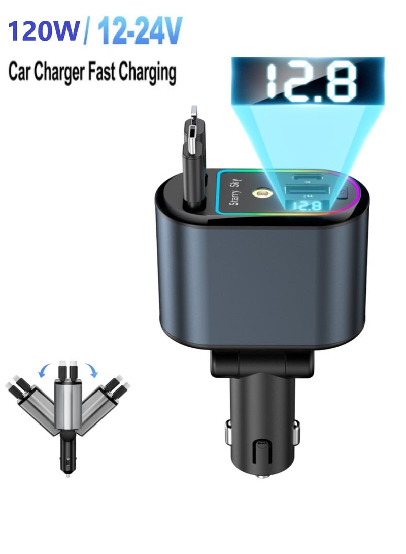 Changli Car Charger with Starlight, 120W USB C Fast Car Chargers Adapter, 4 in 1 Retractable Car Charger with 2 USB Ports Car Phone Chargers for iPhone 16/15/14/13/12/11 and for Android  - Image 1