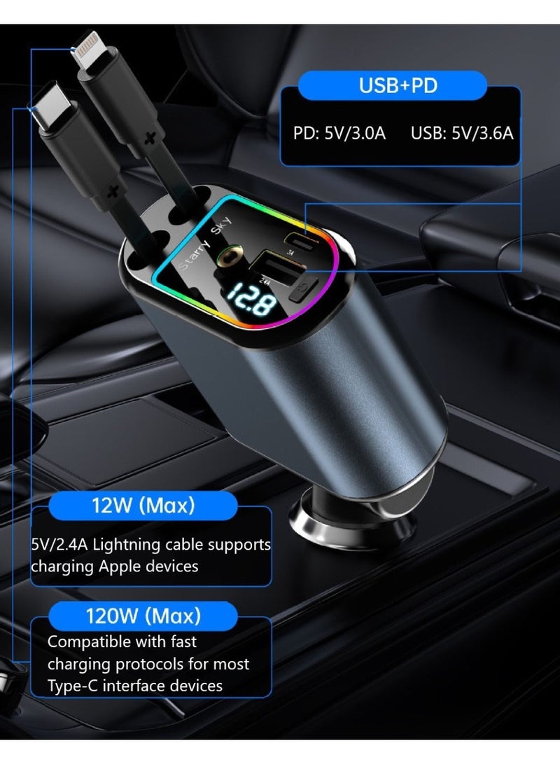 Changli Car Charger with Starlight, 120W USB C Fast Car Chargers Adapter, 4 in 1 Retractable Car Charger with 2 USB Ports Car Phone Chargers for iPhone 16/15/14/13/12/11 and for Android  - Image 3