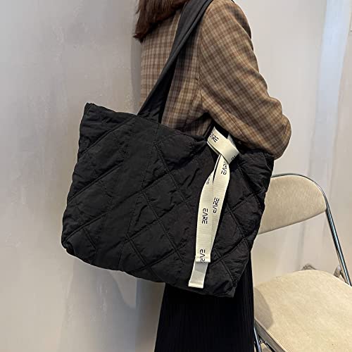 iSamzan Puffer Quilted Tote Bag for Women Puffy Padded Purse with Zipper Work Nylon Soft Purse-Black - Image 5