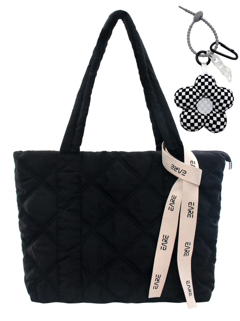 iSamzan Puffer Quilted Tote Bag for Women Puffy Padded Purse with Zipper Work Nylon Soft Purse-Black - Image 1