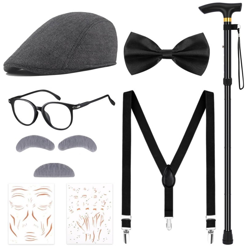 JcHrmers 100 Days of School Costume Old Man Costume Grandpa Hat Glasses Moustache Eyebrows Cane Bow Tie Back Elastic Suspender Set (Dark Gray Hat) - Image 1
