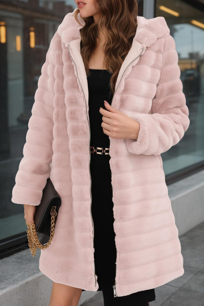RISISSIDA Women Long Faux Fur Coat Fuzzy Jacket with Hood Fleece Winter Fall Thermal Shearling Warm Fluffy Furry Overcoat L Pink 120757A L - Image 2