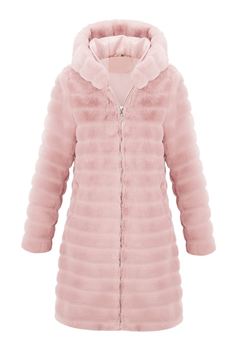 RISISSIDA Women Long Faux Fur Coat Fuzzy Jacket with Hood Fleece Winter Fall Thermal Shearling Warm Fluffy Furry Overcoat L Pink 120757A L - Image 1
