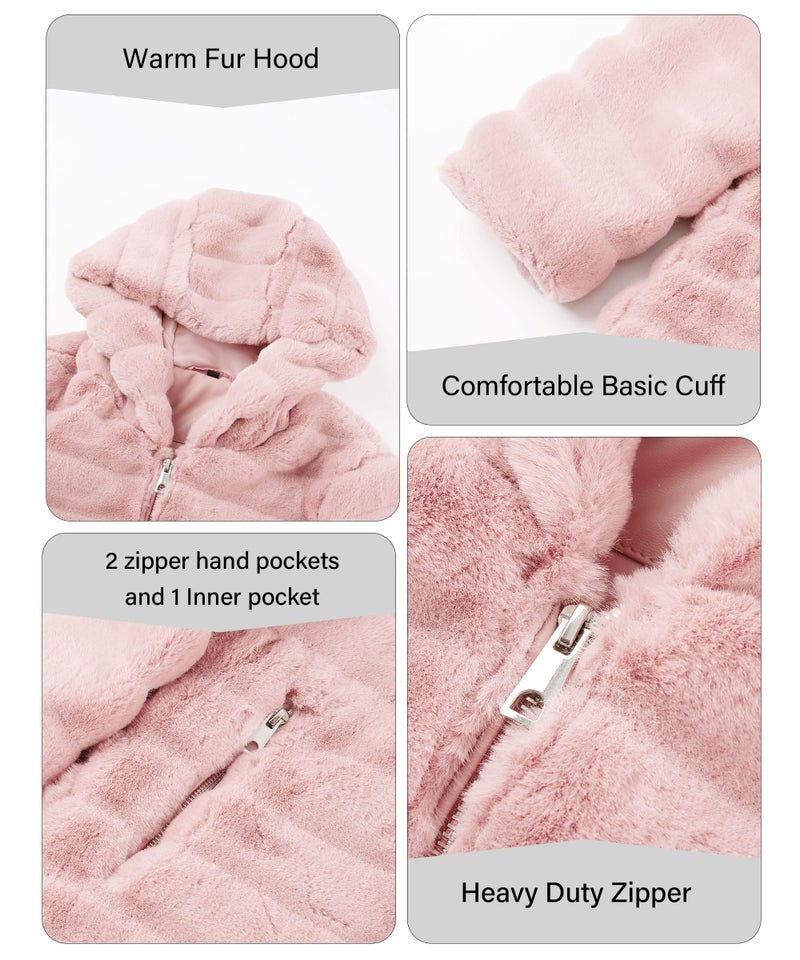 RISISSIDA Women Long Faux Fur Coat Fuzzy Jacket with Hood Fleece Winter Fall Thermal Shearling Warm Fluffy Furry Overcoat L Pink 120757A L - Image 5