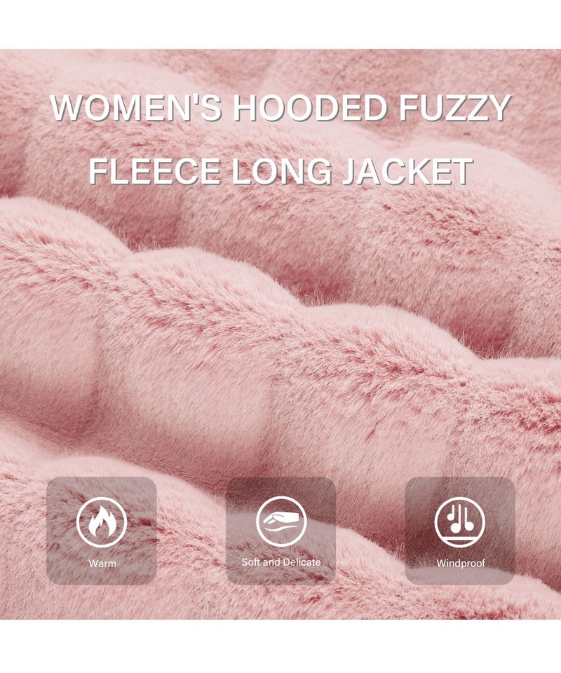 RISISSIDA Women Long Faux Fur Coat Fuzzy Jacket with Hood Fleece Winter Fall Thermal Shearling Warm Fluffy Furry Overcoat L Pink 120757A L - Image 4