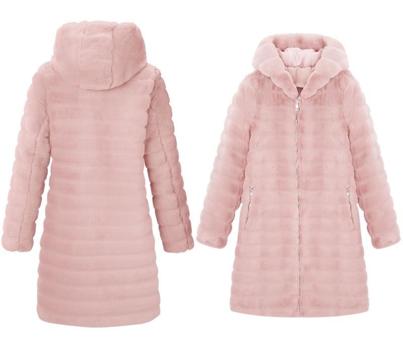 RISISSIDA Women Long Faux Fur Coat Fuzzy Jacket with Hood Fleece Winter Fall Thermal Shearling Warm Fluffy Furry Overcoat L Pink 120757A L - Image 3