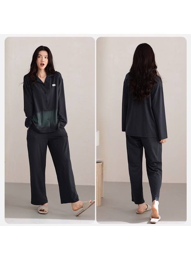 Unisex Long Sleeve Cardigan Pajama Set Couple Style  Simple Lapel Outer Wear Large Size Home Clothes Suit - Image 2