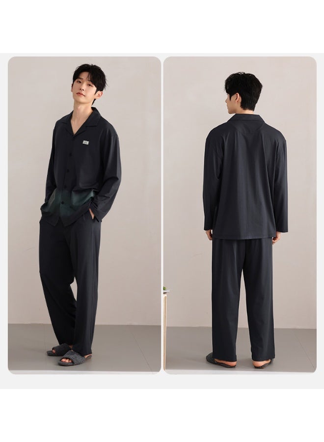 Unisex Long Sleeve Cardigan Pajama Set Couple Style  Simple Lapel Outer Wear Large Size Home Clothes Suit - Image 3