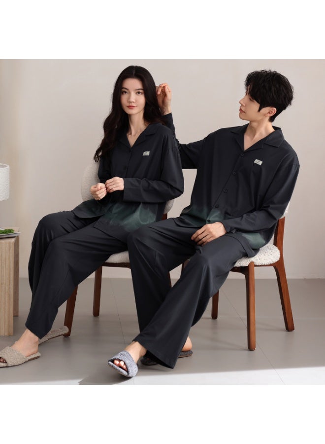 Unisex Long Sleeve Cardigan Pajama Set Couple Style  Simple Lapel Outer Wear Large Size Home Clothes Suit - Image 1