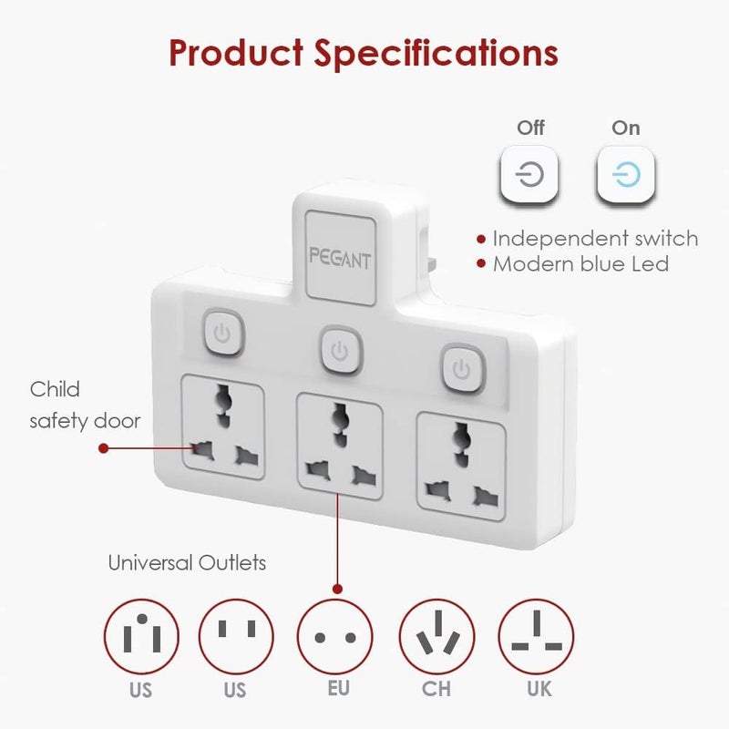 PEGANT 3 Way Universal Power Extension Socket Adapter - Image 5