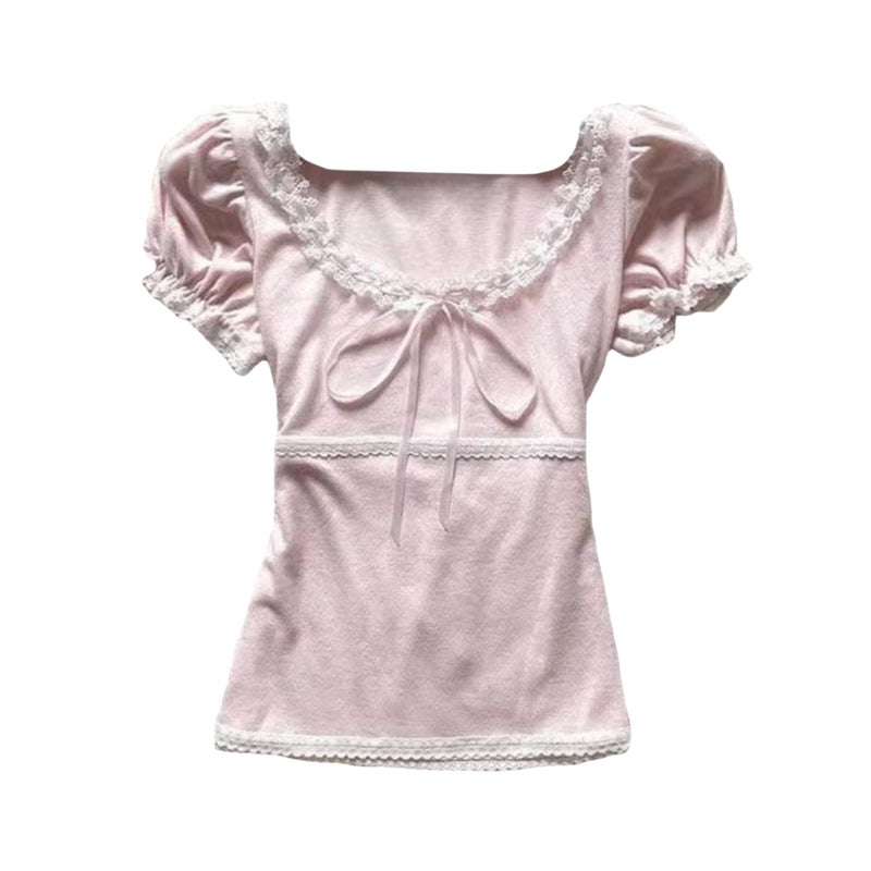 RICHTRUE Coquette Cute Lace Trim Top Y2k Baby Tee Summer Short Sleeve V Neck Shirts 2000s Mcbling Vintage Fairy Grunge Top (Pink01,Small) - Image 1