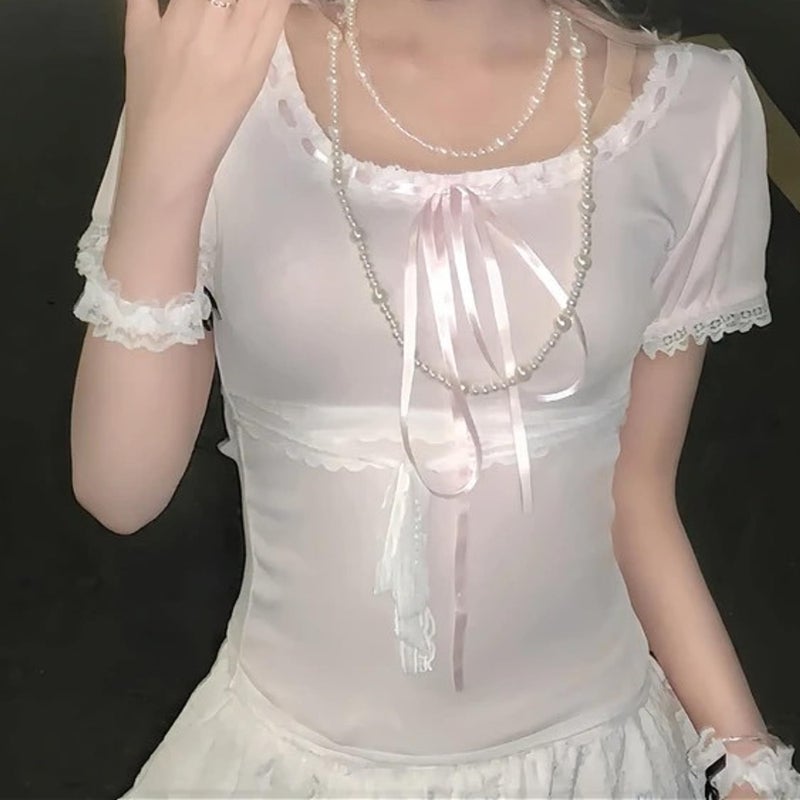 RICHTRUE Coquette Cute Lace Trim Top Y2k Baby Tee Summer Short Sleeve V Neck Shirts 2000s Mcbling Vintage Fairy Grunge Top (Pink01,Small) - Image 3