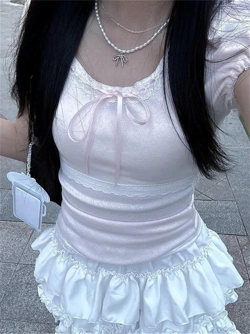 RICHTRUE Coquette Cute Lace Trim Top Y2k Baby Tee Summer Short Sleeve V Neck Shirts 2000s Mcbling Vintage Fairy Grunge Top (Pink01,Small) - Image 4