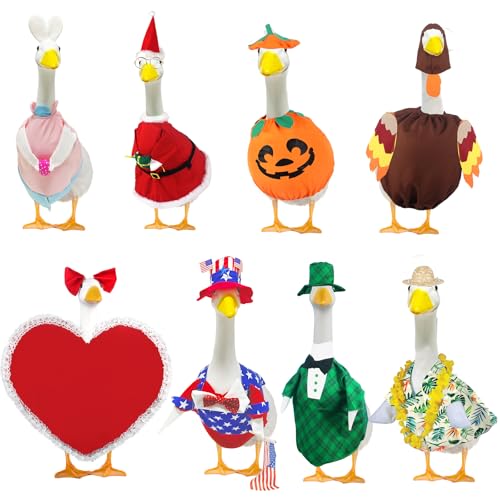 kedaijin 8 Set Holiday Porch Goose Outfits All Seasons Holiday Bundle St Patrick Easter Summer Hawaiian 4th of July Fall Lawn Goose Clothing Porch Goose Clothes for Goose Patio Yard Lawn Decor - Image 1