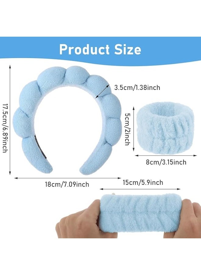 3-Piece Light Blue Fluffy Spa Headband and Wristband Set for Face Washing & Skincare - Image 5