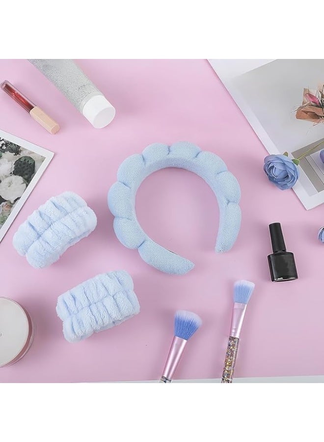 3-Piece Light Blue Fluffy Spa Headband and Wristband Set for Face Washing & Skincare - Image 3