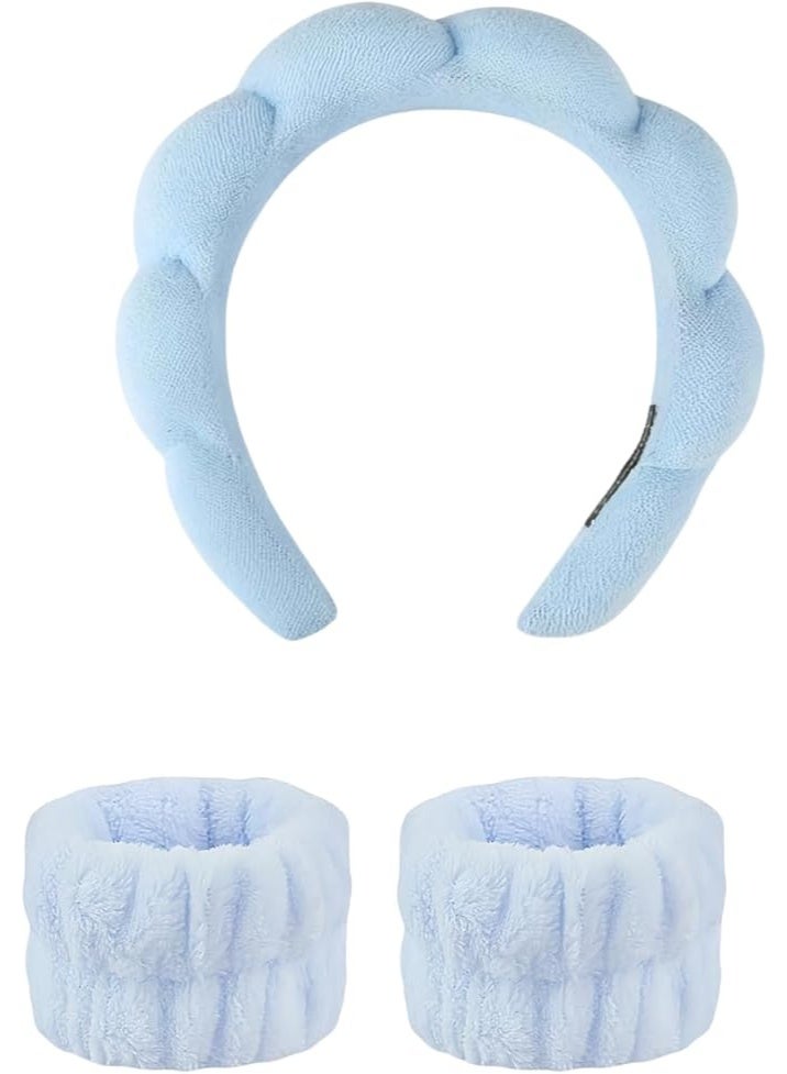 3-Piece Light Blue Fluffy Spa Headband and Wristband Set for Face Washing & Skincare - Image 1