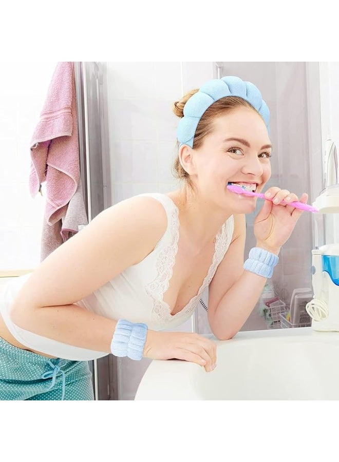 3-Piece Light Blue Fluffy Spa Headband and Wristband Set for Face Washing & Skincare - Image 4
