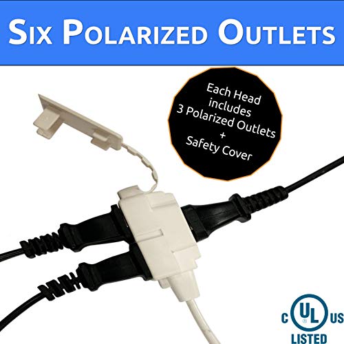 W4W, Twin Extension Cord Power Strip - 12 Foot Cord - 6 feet on Each Side - Flat Head (Wall Hugger) Outlet Plug - 6 Polarized Outlets with Safety Cover - Image 3
