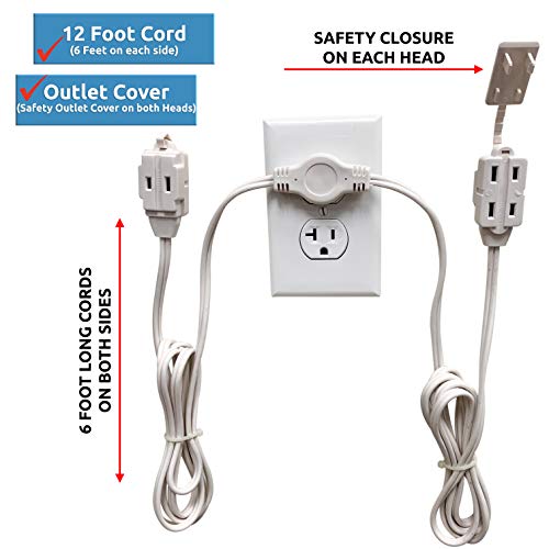 W4W, Twin Extension Cord Power Strip - 12 Foot Cord - 6 feet on Each Side - Flat Head (Wall Hugger) Outlet Plug - 6 Polarized Outlets with Safety Cover - Image 2